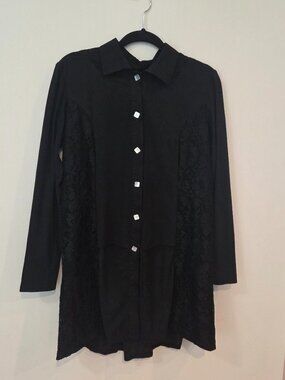 Handmade Black Lace Panel Tunic Dress Cotton Boho Size M
